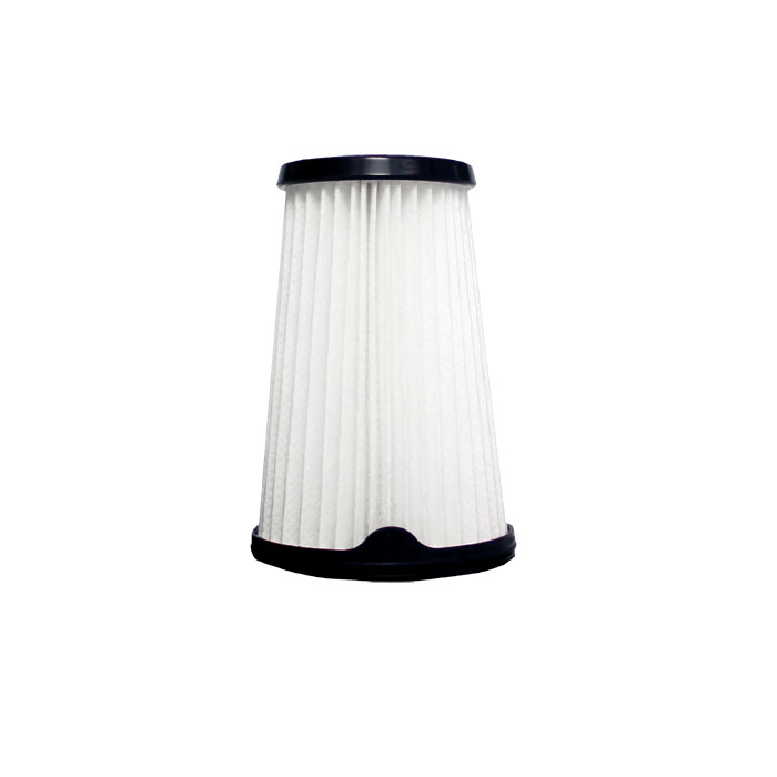 Weißer Staubsaugerfilter. Der Filter ist zylindrisch mit schwarzen oberen und unteren Rändern. Vertikale Rippen sind sichtbar.