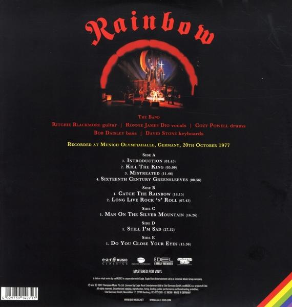 A Rainbow album hátulja. Tartalmazza a számok listáját, a stáblistát és a zenekar fotóját.