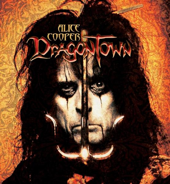 Alice Cooper 'Dragontown' című albumának borítója. Kettéosztott arc. Piros és narancs színek.