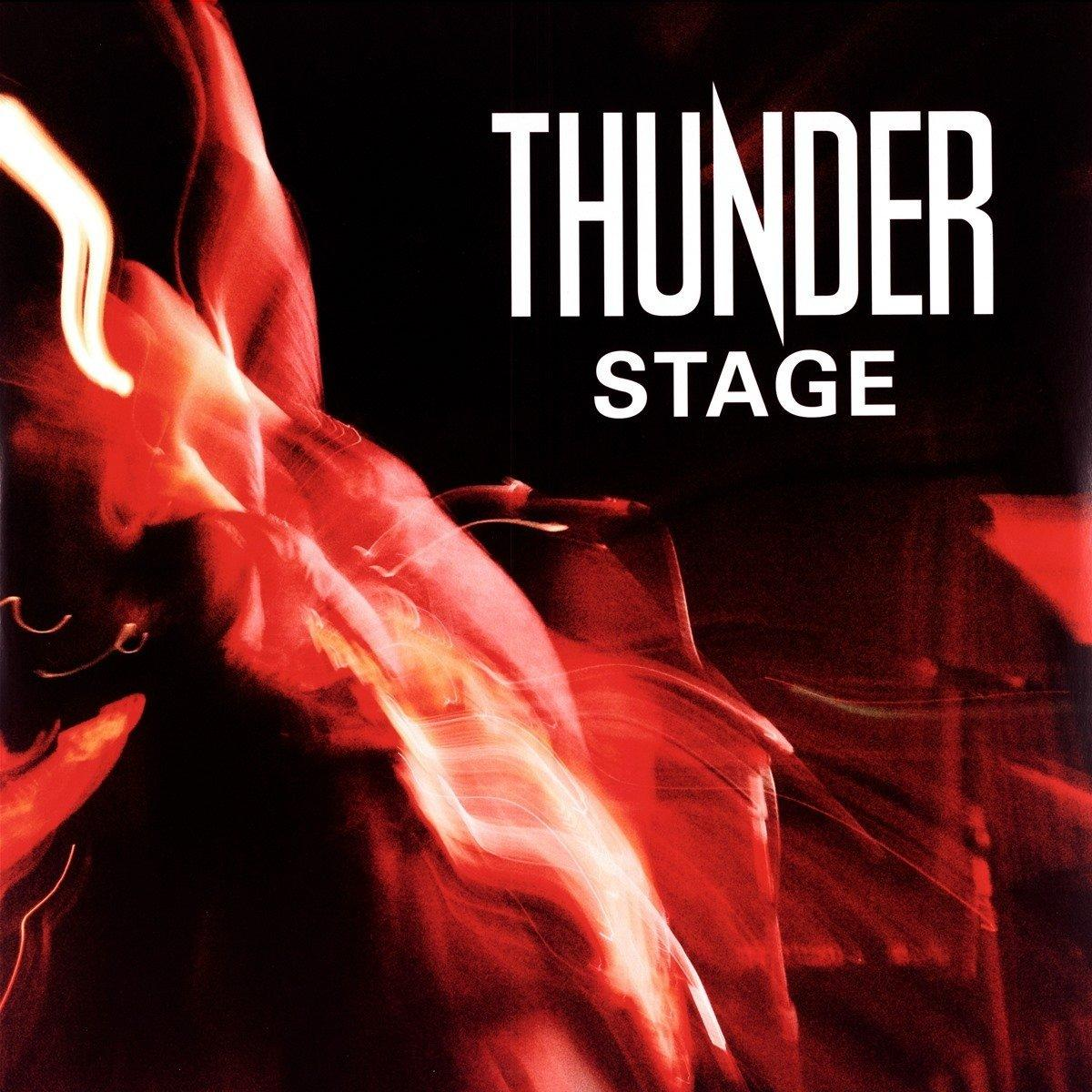 Album borító fekete háttérrel. A fehér szöveg a 'THUNDER STAGE'. Piros absztrakt formák fedik a képet.