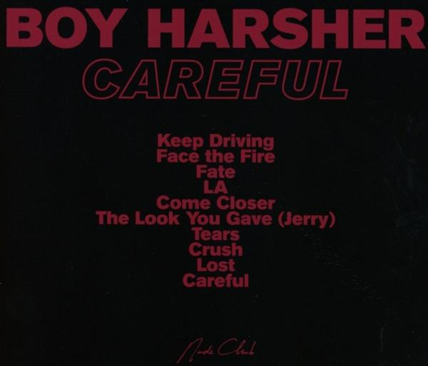 Albumcover mit rotem Text: 'BOY HARSHER CAREFUL' und Titelliste auf schwarzem Hintergrund.