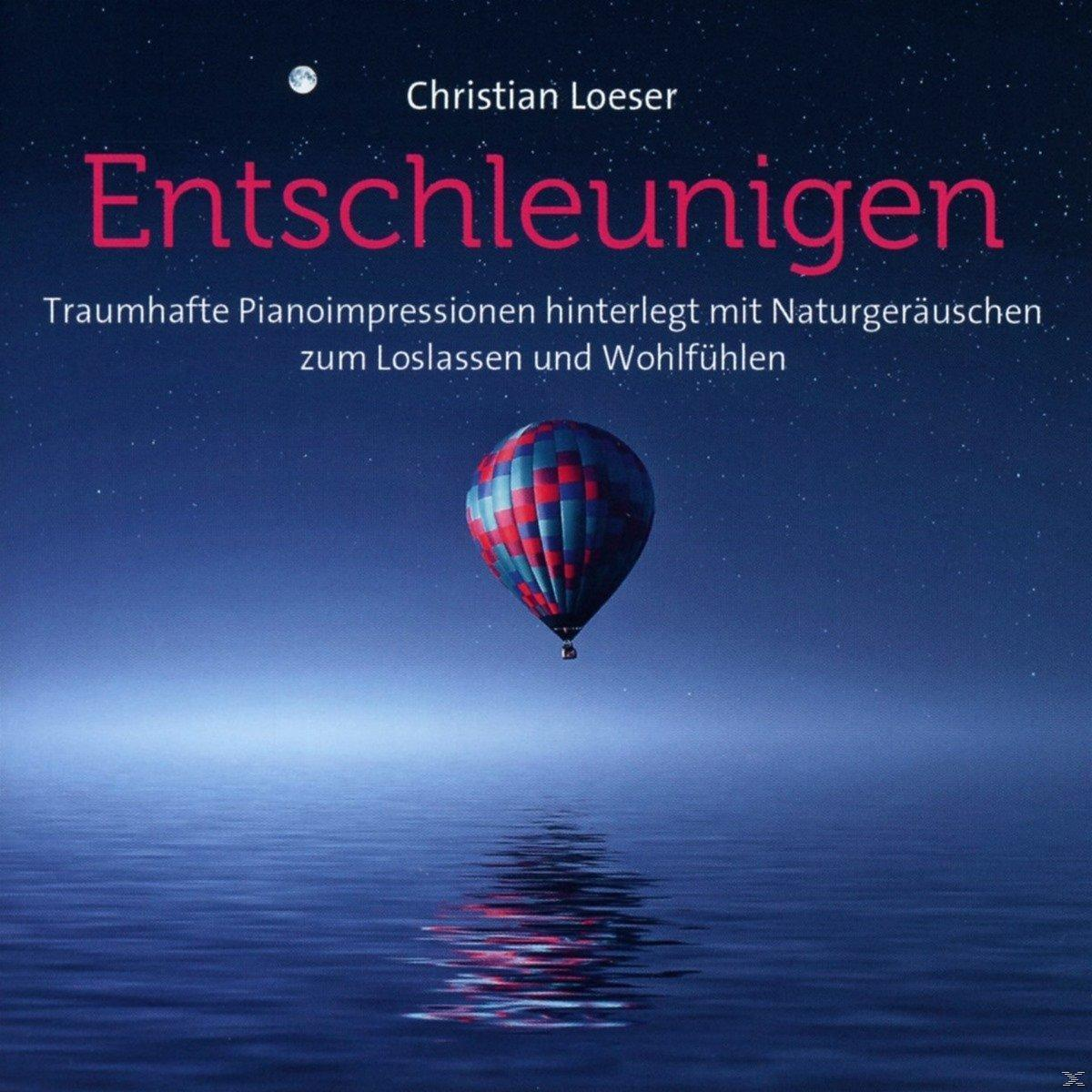 Ein Heißluftballon über Wasser. Text oben: Christian Loeser, Entschleunigen.