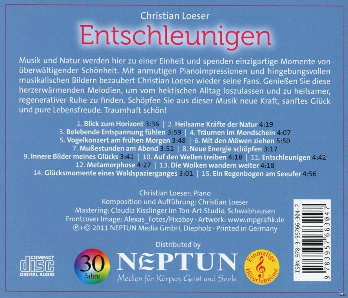 CD-Cover mit Text: 'Entschleunigen' und Titelliste. Weißer Hintergrund, Disc unten.