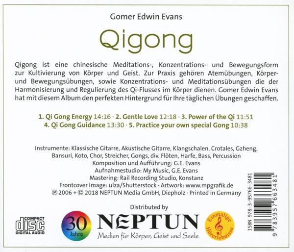 Ein CD-Cover mit dem Text 'Qigong' über einem Bild von Gomer Edwin Evans.