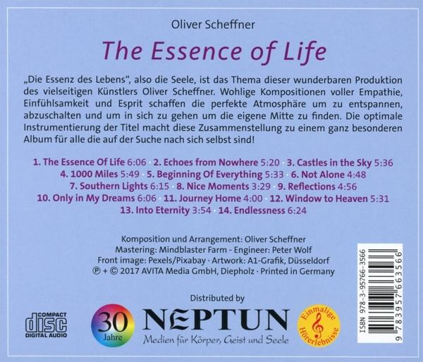 CD-Cover für 'The Essence of Life' von Oliver Scheffner, mit Albumdetails.