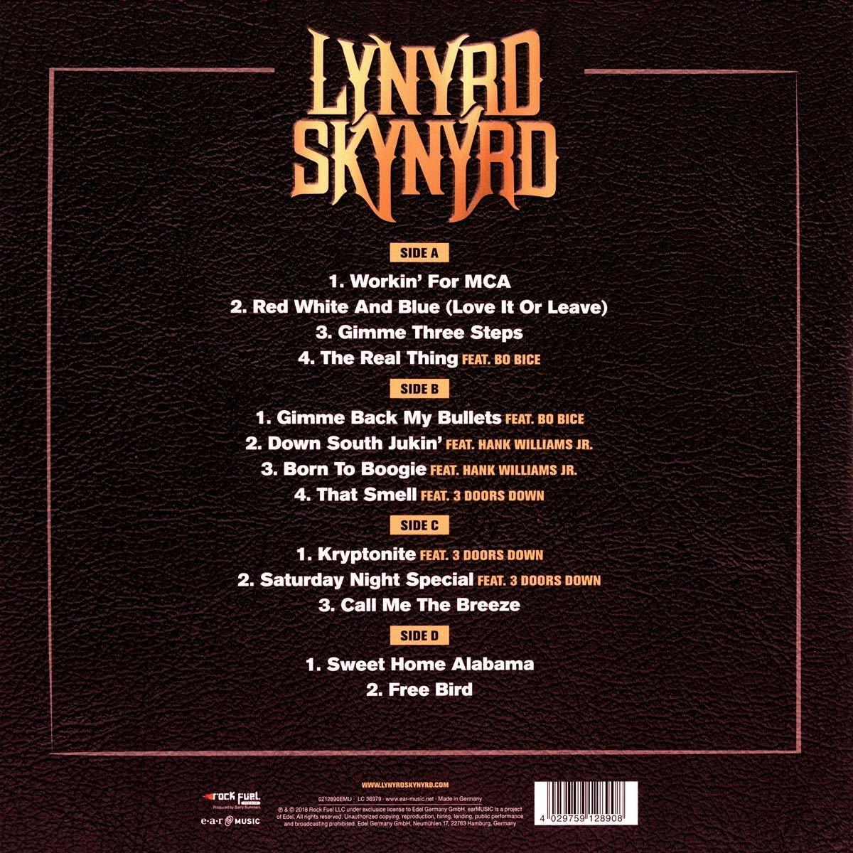 Albumcover. Lynyrd Skynyrd, Album-Trackliste. Brauner Hintergrund, goldfarbene Schrift.