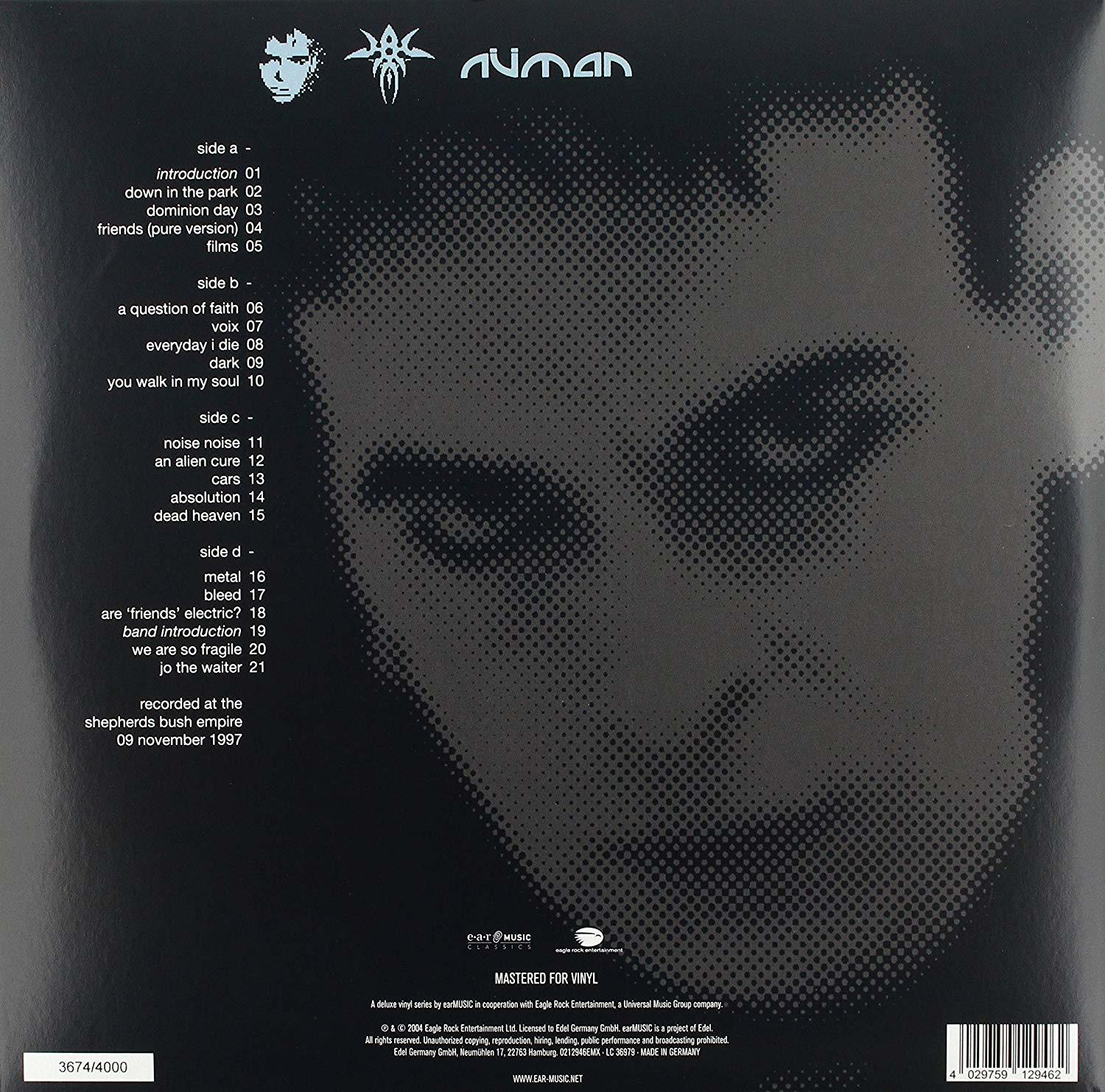 Numan Album-Rückseite mit Titelliste und Bild von Numan.
