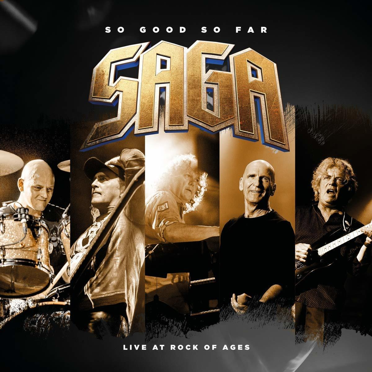 Albumcover mit SAGA-Bandmitgliedern. Bühnenperformance. Schwarzer Hintergrund.
