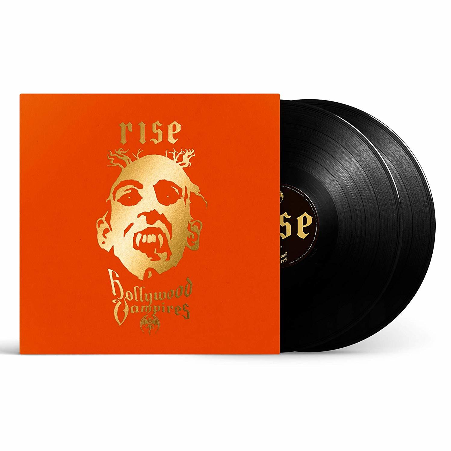 Ein orangefarbenes Albumcover mit einem goldenen Hollywood Vampires-Logo und zwei schwarzen Schallplatten.
