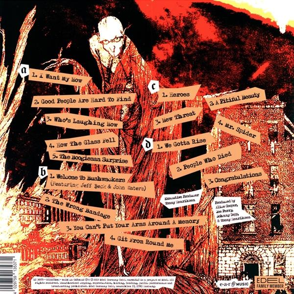 Albumcover mit Text und Titellisten, mit einer roten und schwarzen Illustration.