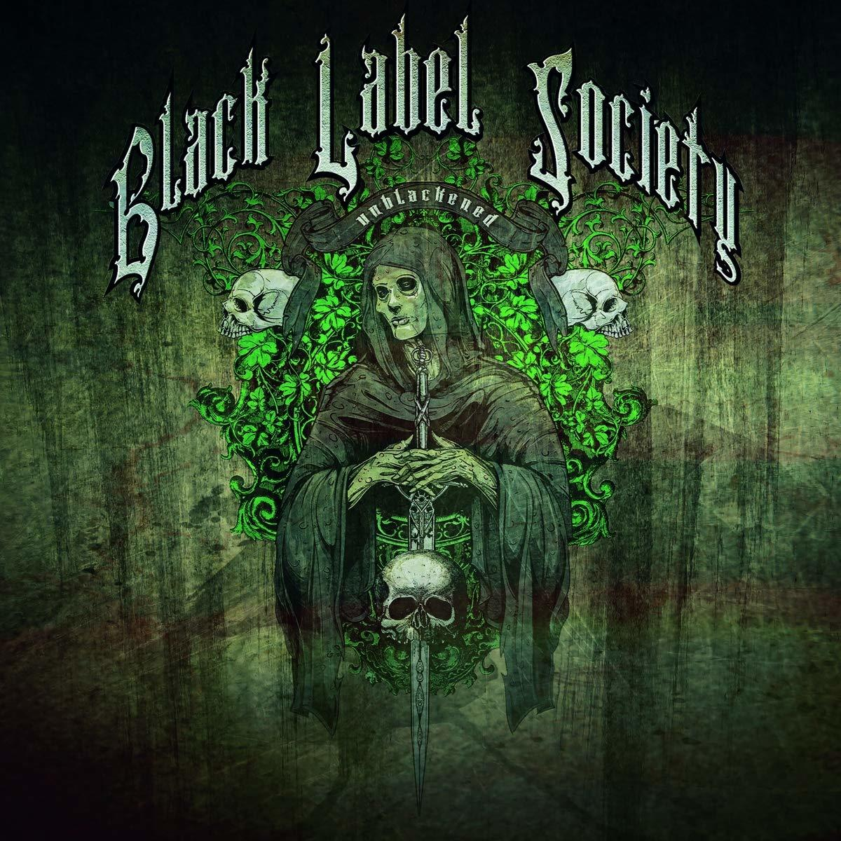 Albumcover für Black Label Society mit einer Kapuzenfigur, die ein Schwert hält, Totenköpfen und grünem Laub.