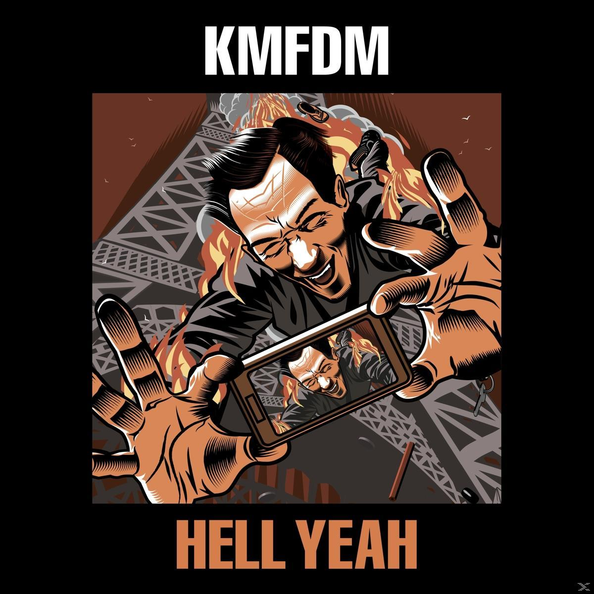 Albumcover. Ein Mann hält ein Handy. Der Eiffelturm brennt. KMFDM - Hell Yeah.