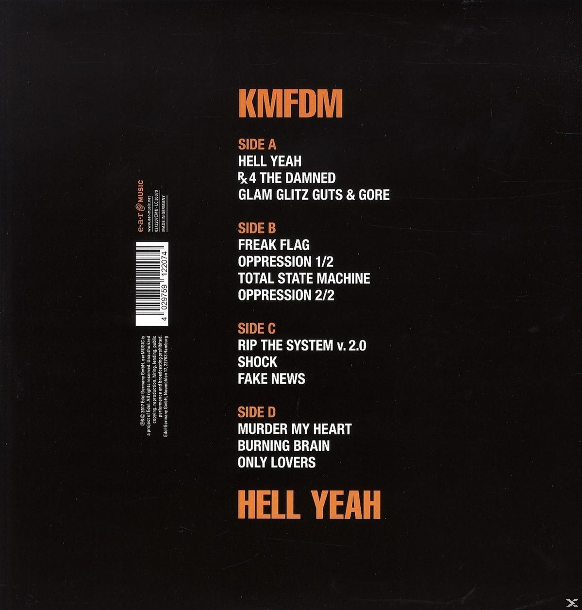 Rückseite des KMFDM-Albums mit Songtiteln in Orange.