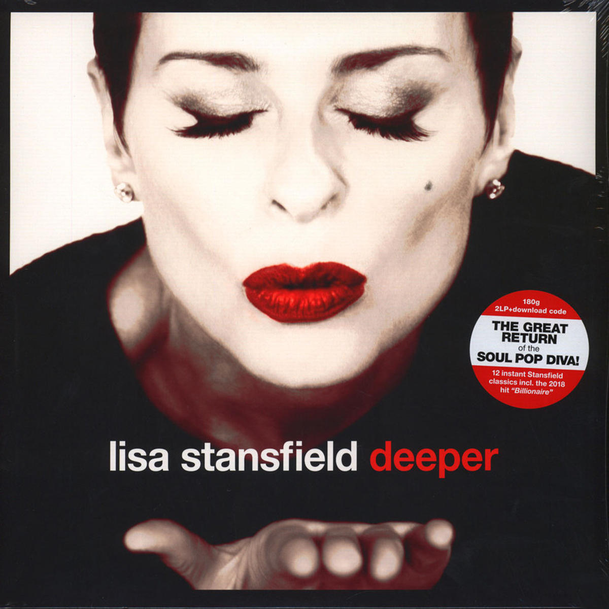 Albumcover: Lisa Stansfield bläst einen Kuss. Rote Lippen, schwarzes Oberteil, Titel unten.