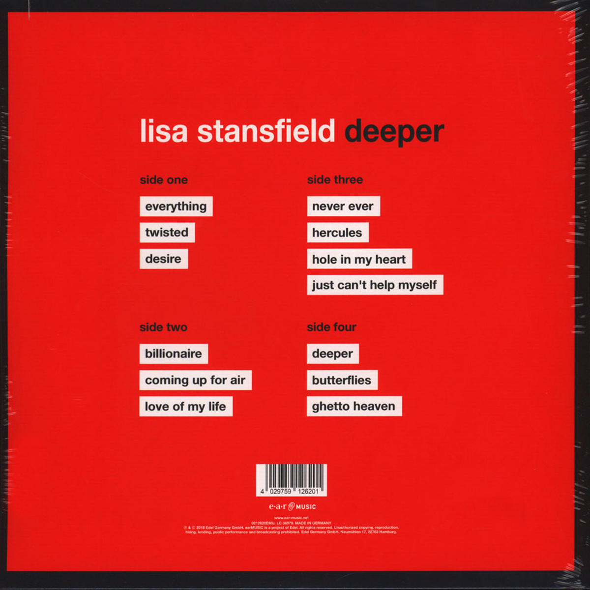 Albumcover mit Text: 'lisa stansfield deeper'. Tracklisten auf rotem Hintergrund. Barcode unten.