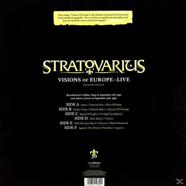 Albumcover mit Text. Schwarzer Hintergrund, Bandname: Stratovarius. Texte und Albuminfo.