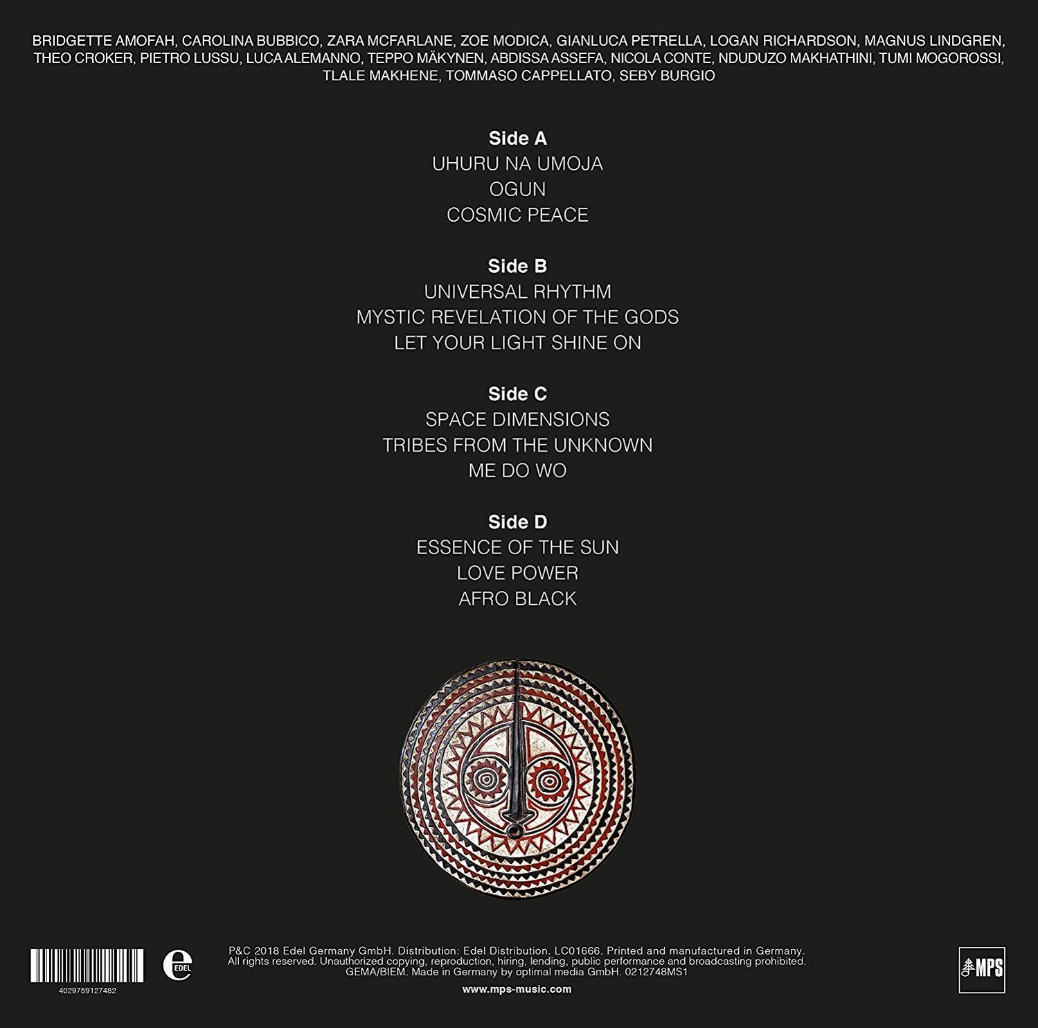 Albumcover mit Titellisten. Namen und Albumtitel oben. Namen der Künstler. Seite A, B, C und D Listen.