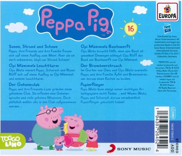 Rückseite eines Peppa Wutz Kinderbuchs mit Figuren und Text.