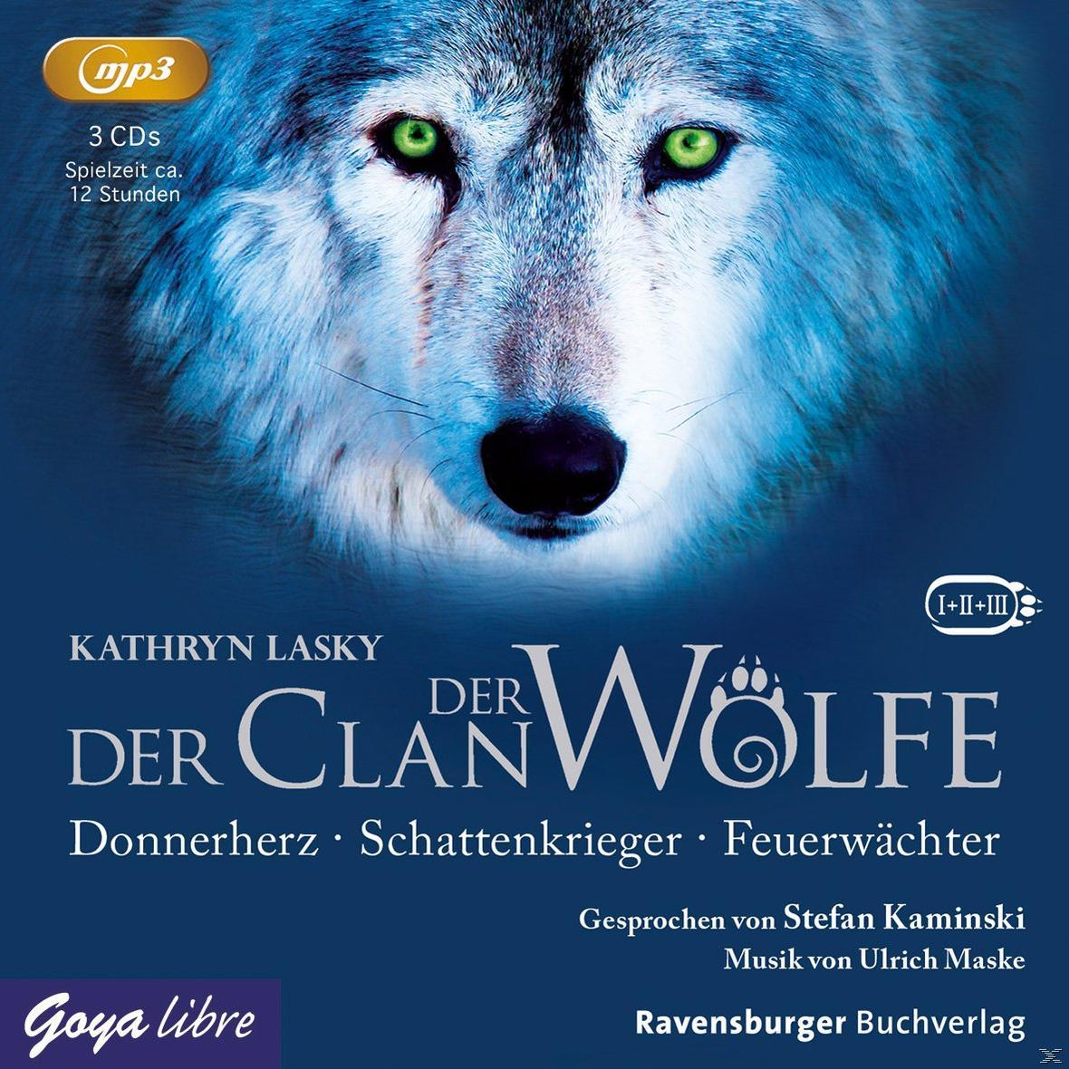 Hörbuchcover, Wolfsgesicht, grüne Augen, weiß-blauer Hintergrund. Text.