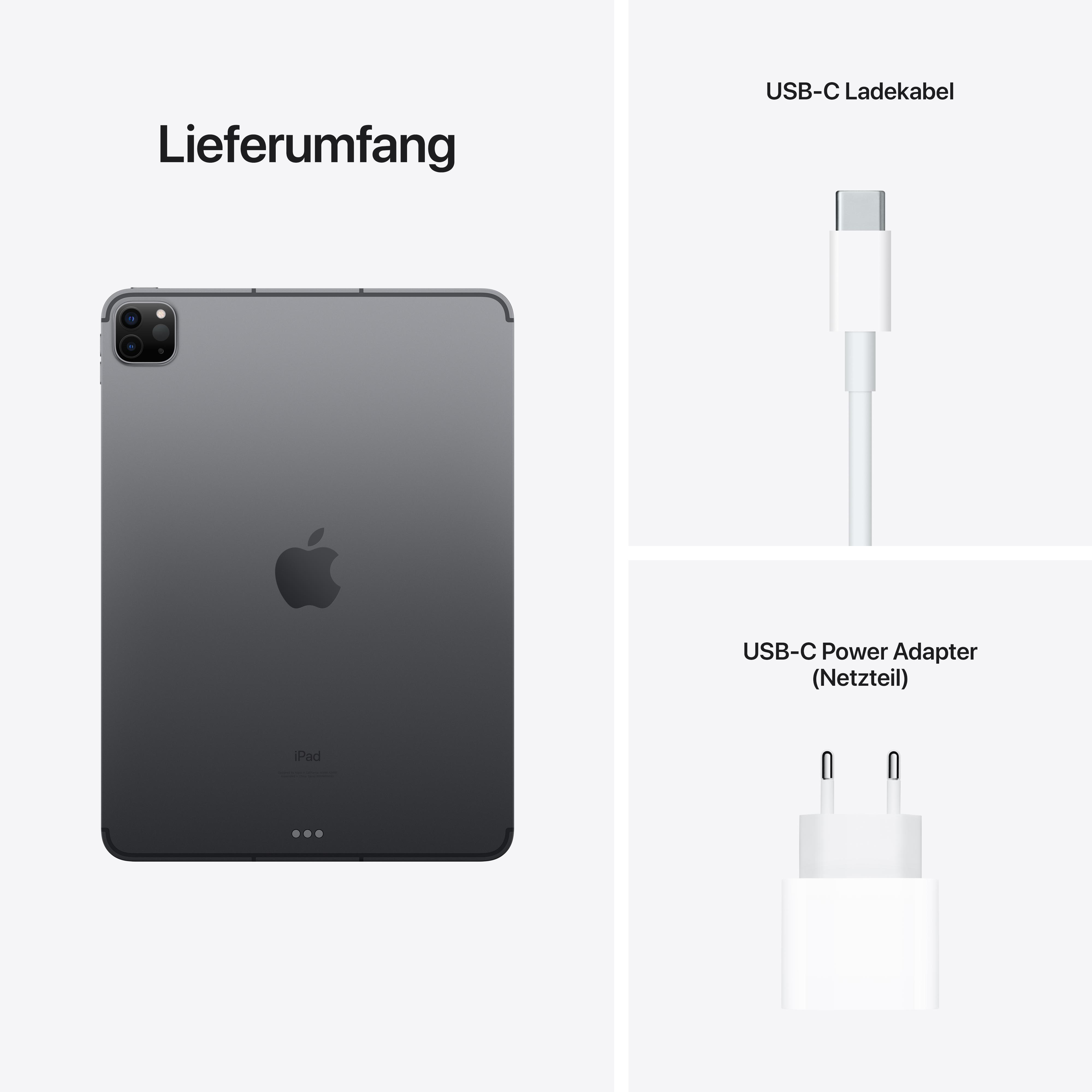 iPad mit Zubehör. Enthält das iPad selbst, ein Ladekabel und ein Netzteil.