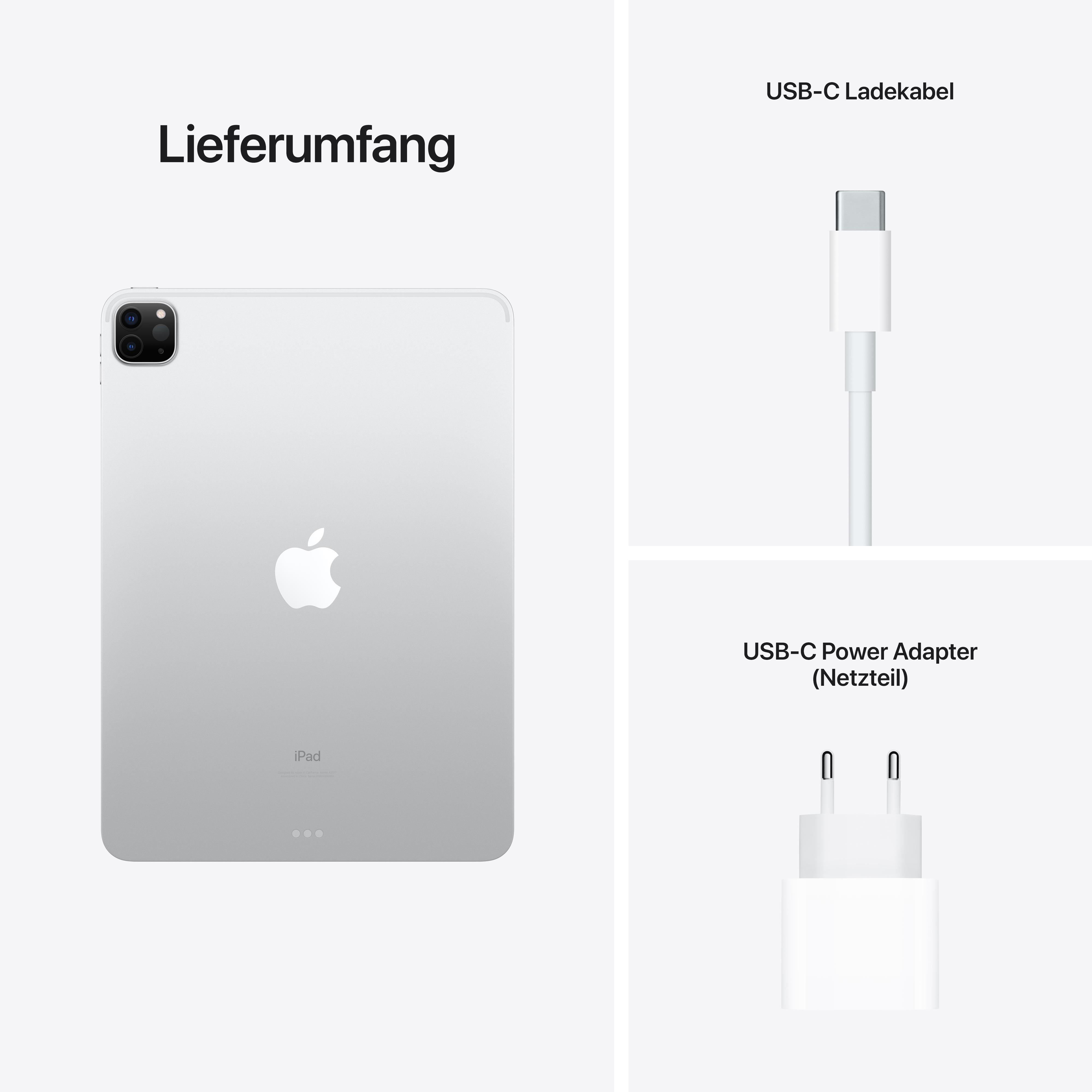 iPad und Zubehör. iPad, USB-C-Kabel und Netzteil, weiße Farbe.