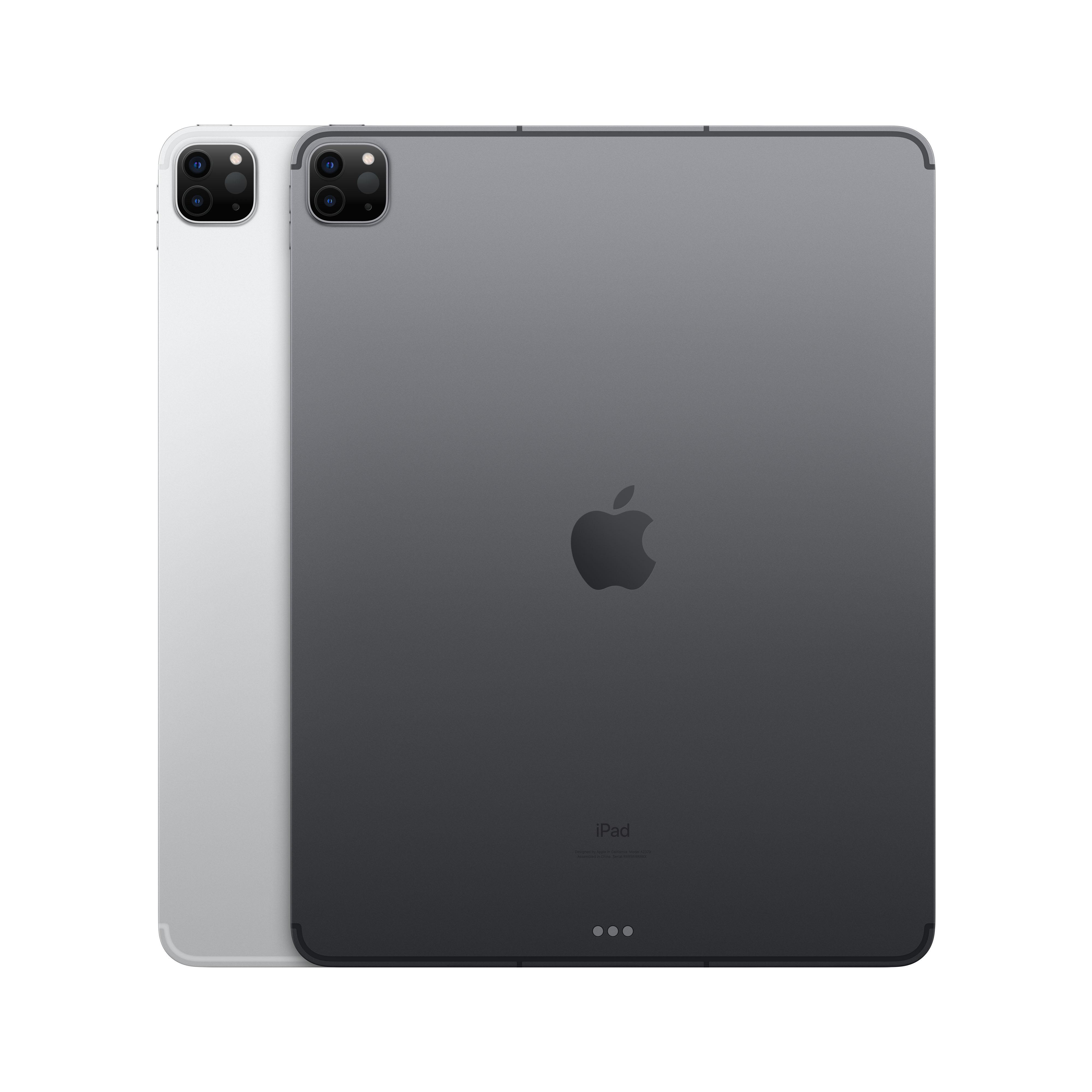 Zwei iPads, eines weiß und eines grau. Rückansicht, mit Logo und Kameras. Weißer Hintergrund.