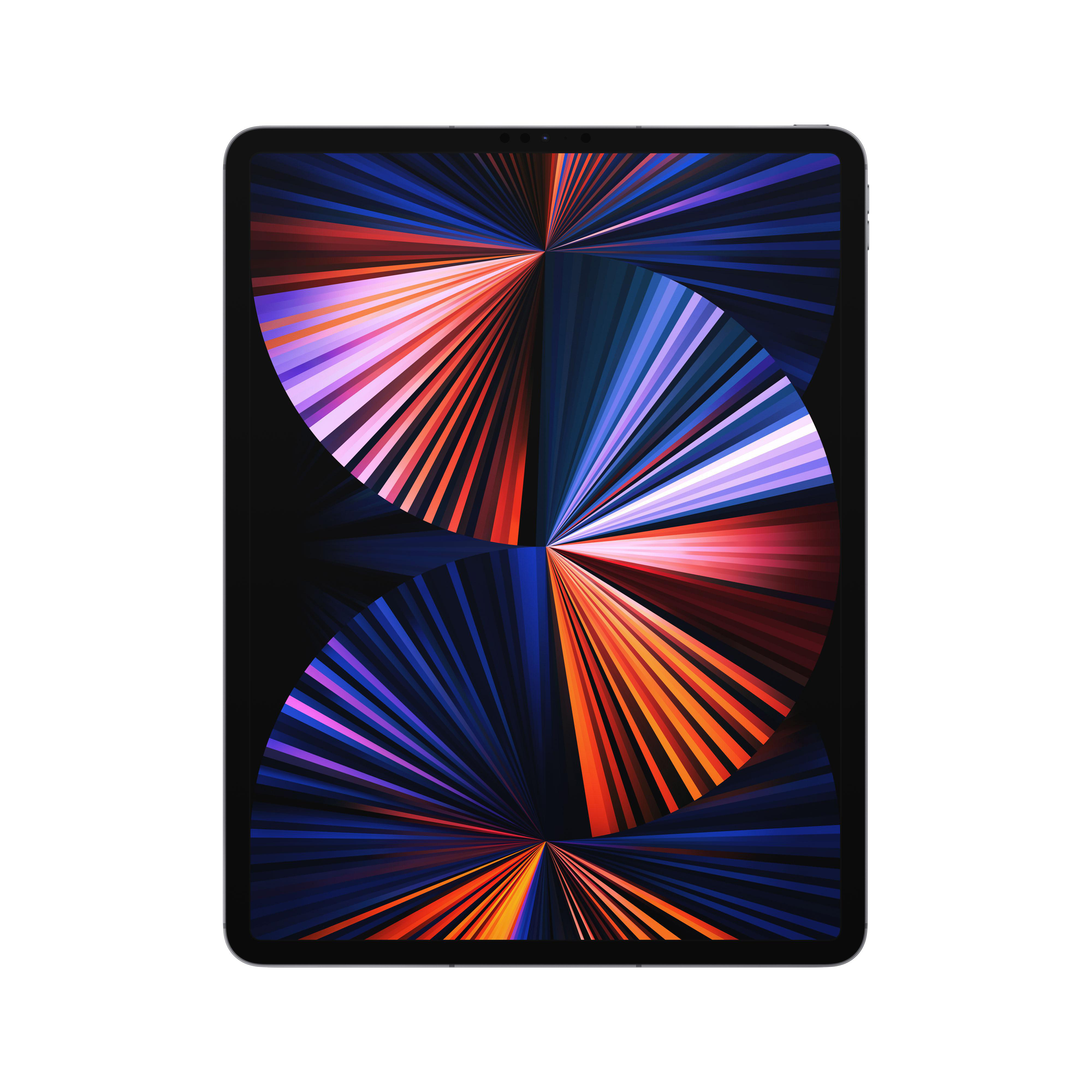 Ein schwarzes Tablet mit einem farbenfrohen, abstrakten Design auf dem Bildschirm, isoliert auf Weiß.