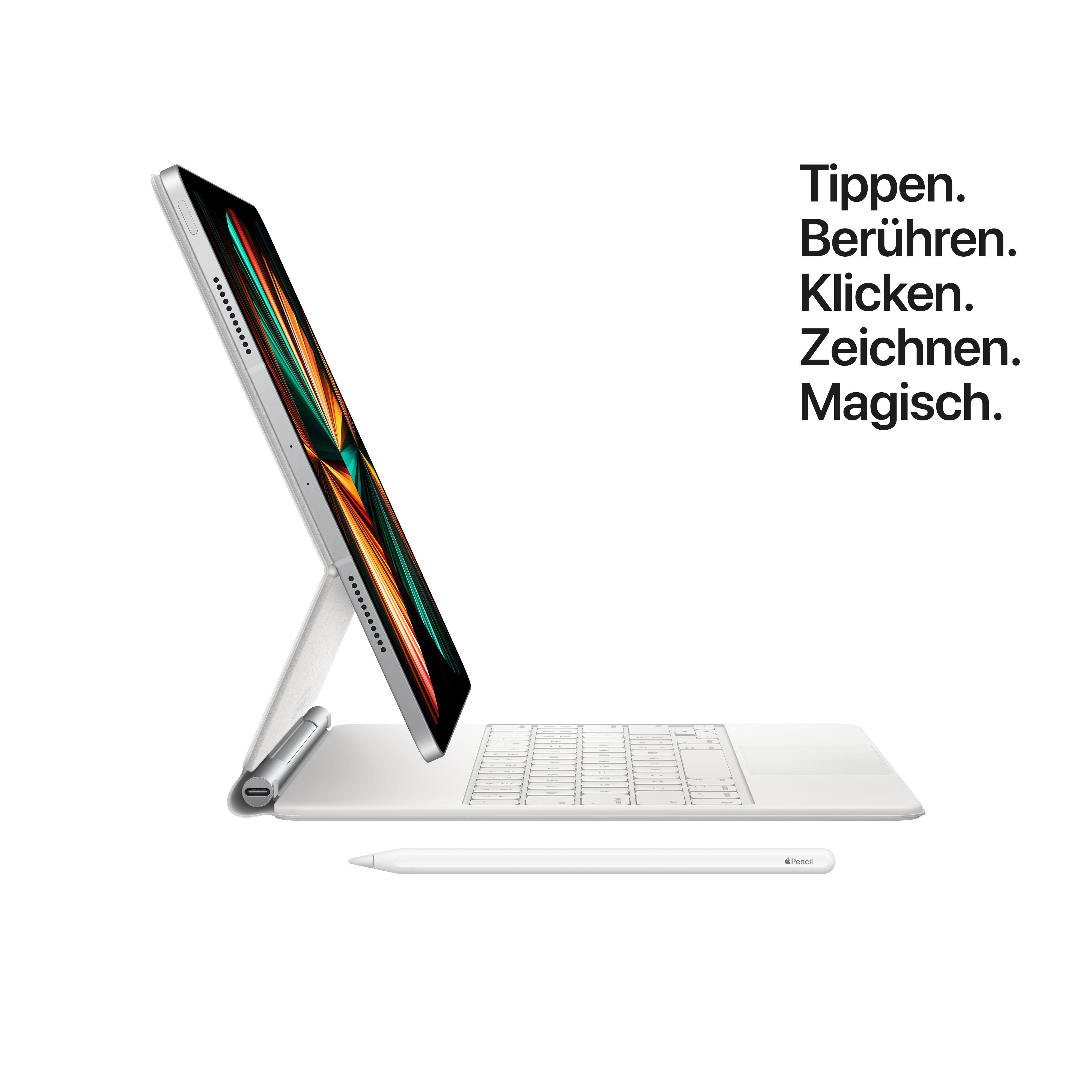 Silbernes Tablet mit Tastatur und Stift, weißer Hintergrund. Text: Tippen. Berühren. Klicken. Zeichnen. Magisch.