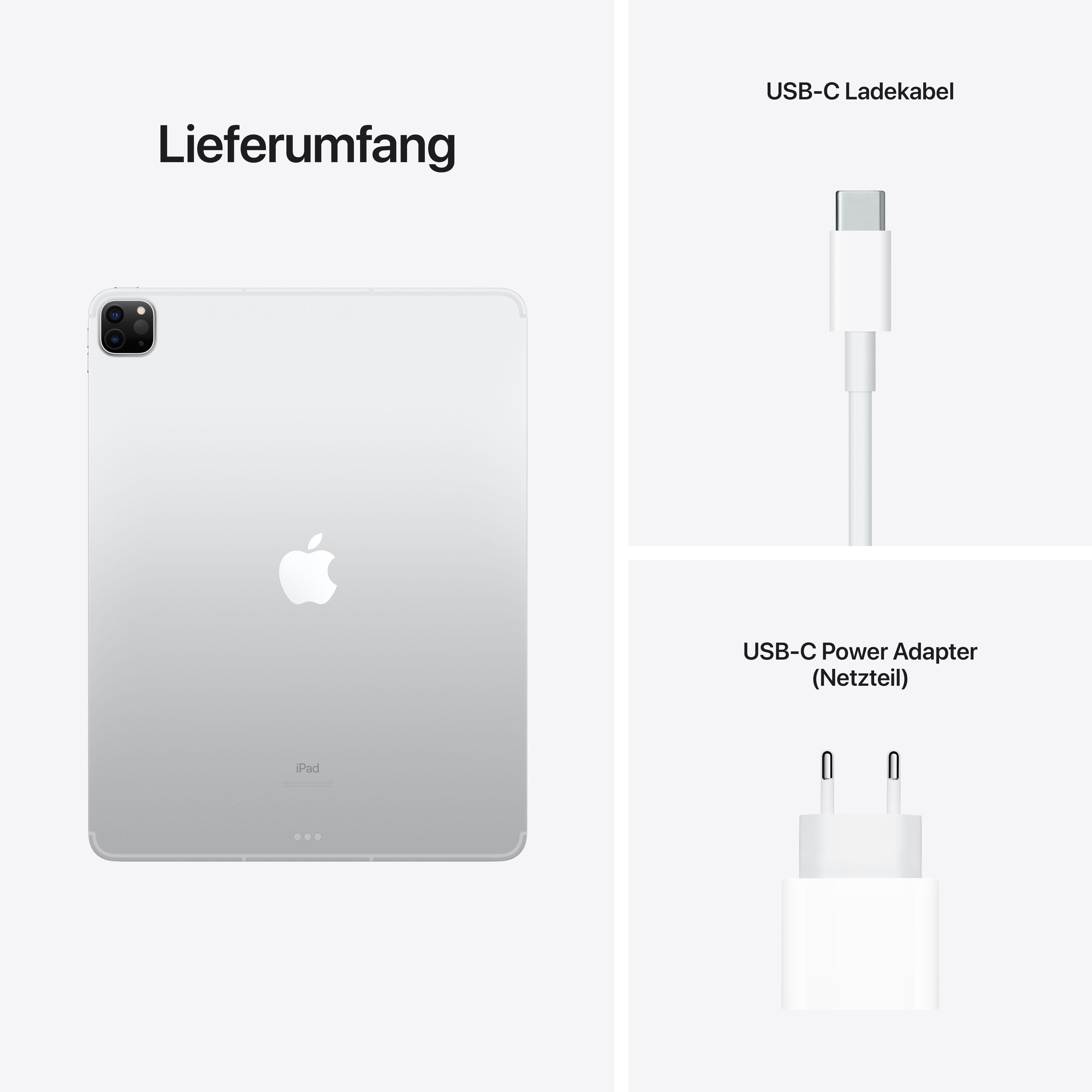 iPad-Rückseite, USB-C-Kabel und ein USB-C-Netzteil.