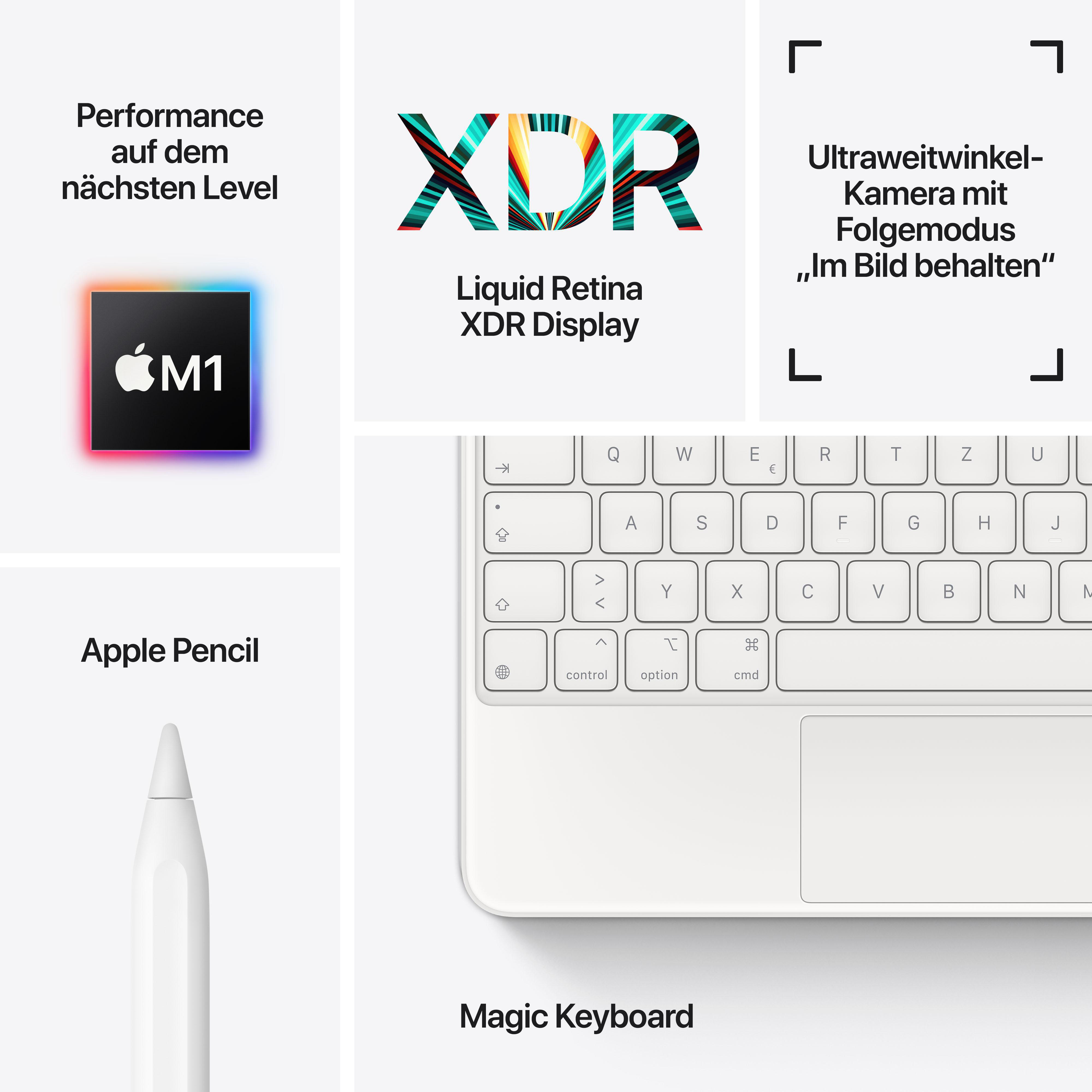Eine Collage von Apple-Produktkomponenten, einschließlich M1-Chip, Liquid Retina XDR.
