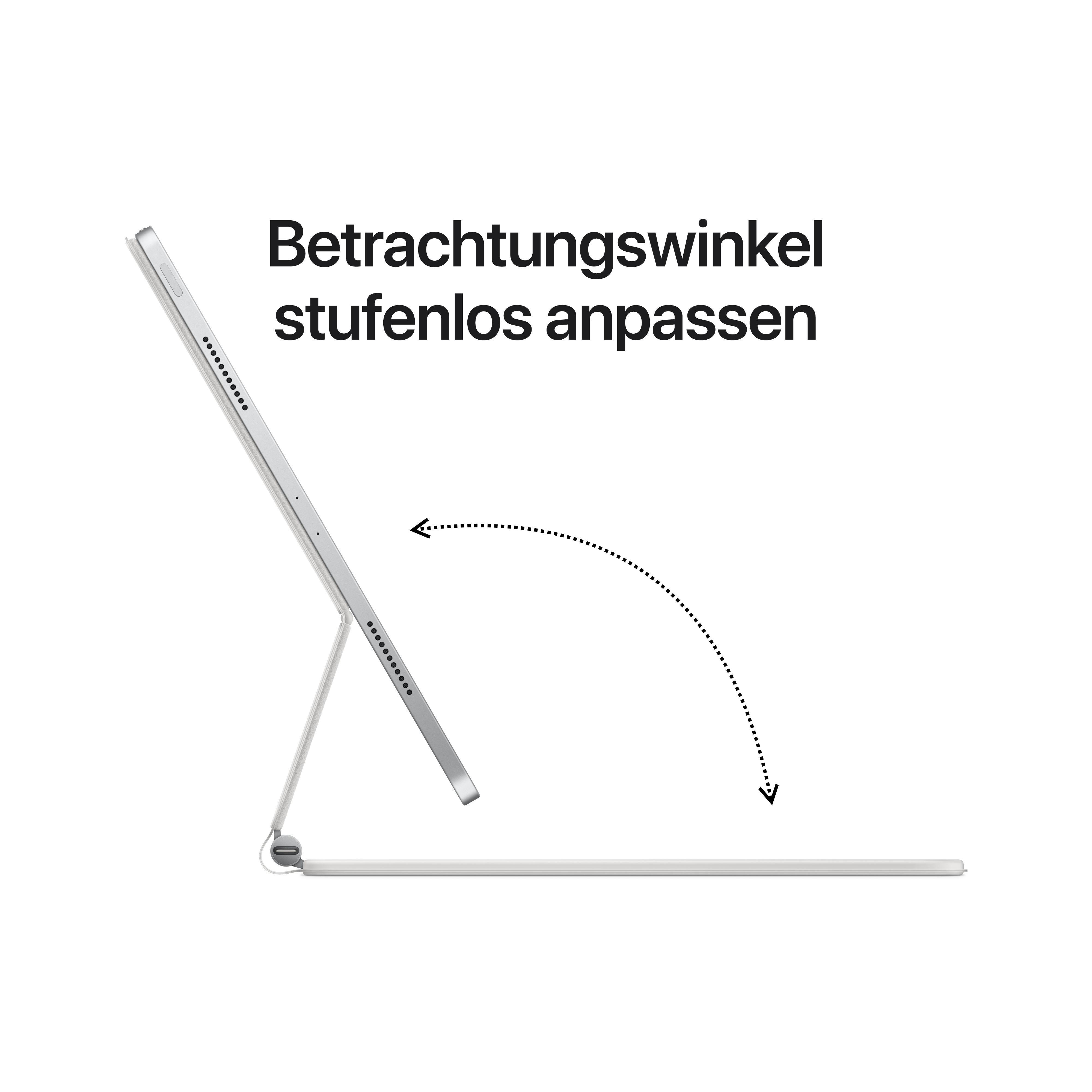 Ein Apple Tablet wird in einem Winkel gezeigt. Darüber steht 'Betrachtungswinkel stufenlos anpassen'.