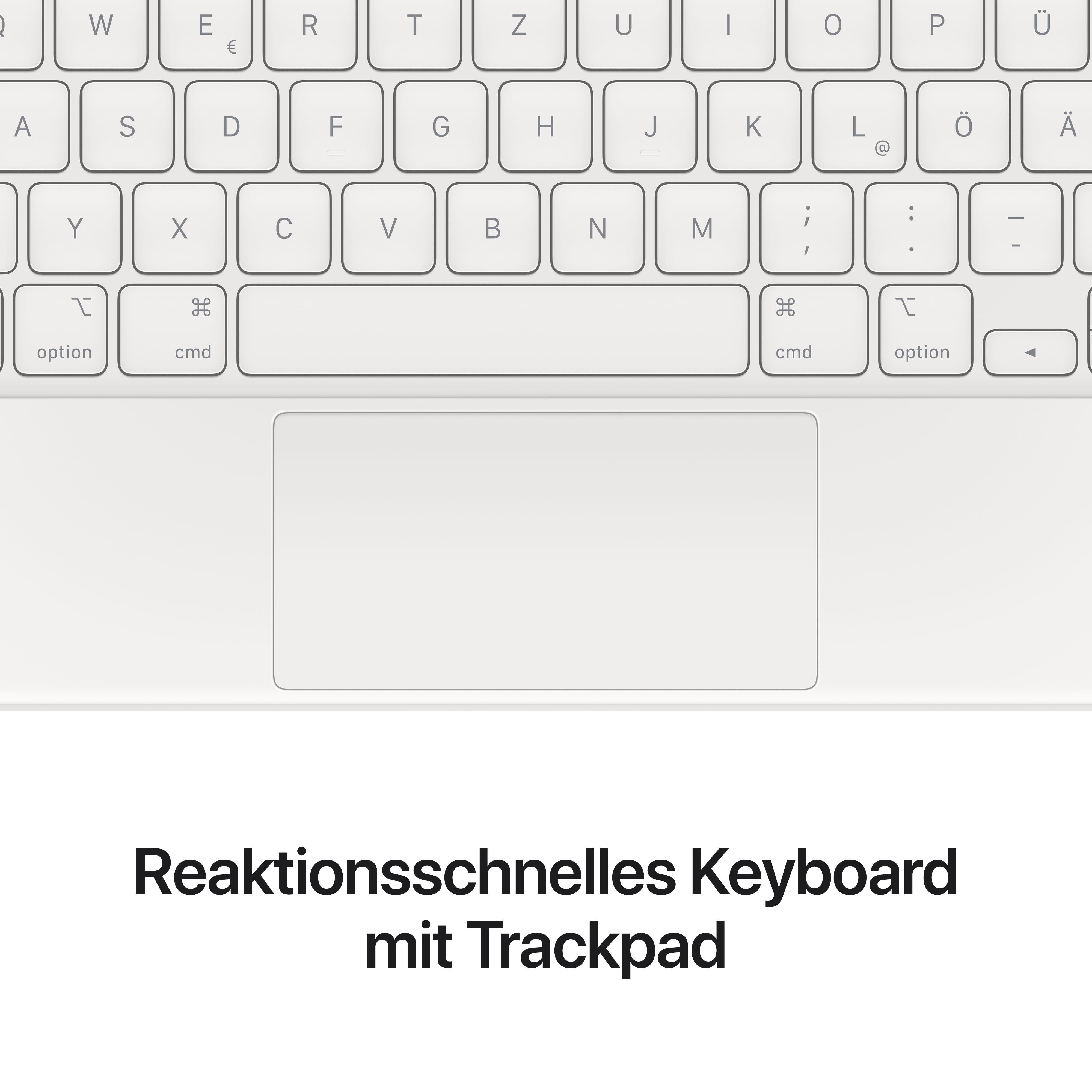 Nahaufnahme einer weißen Tastatur mit Trackpad.