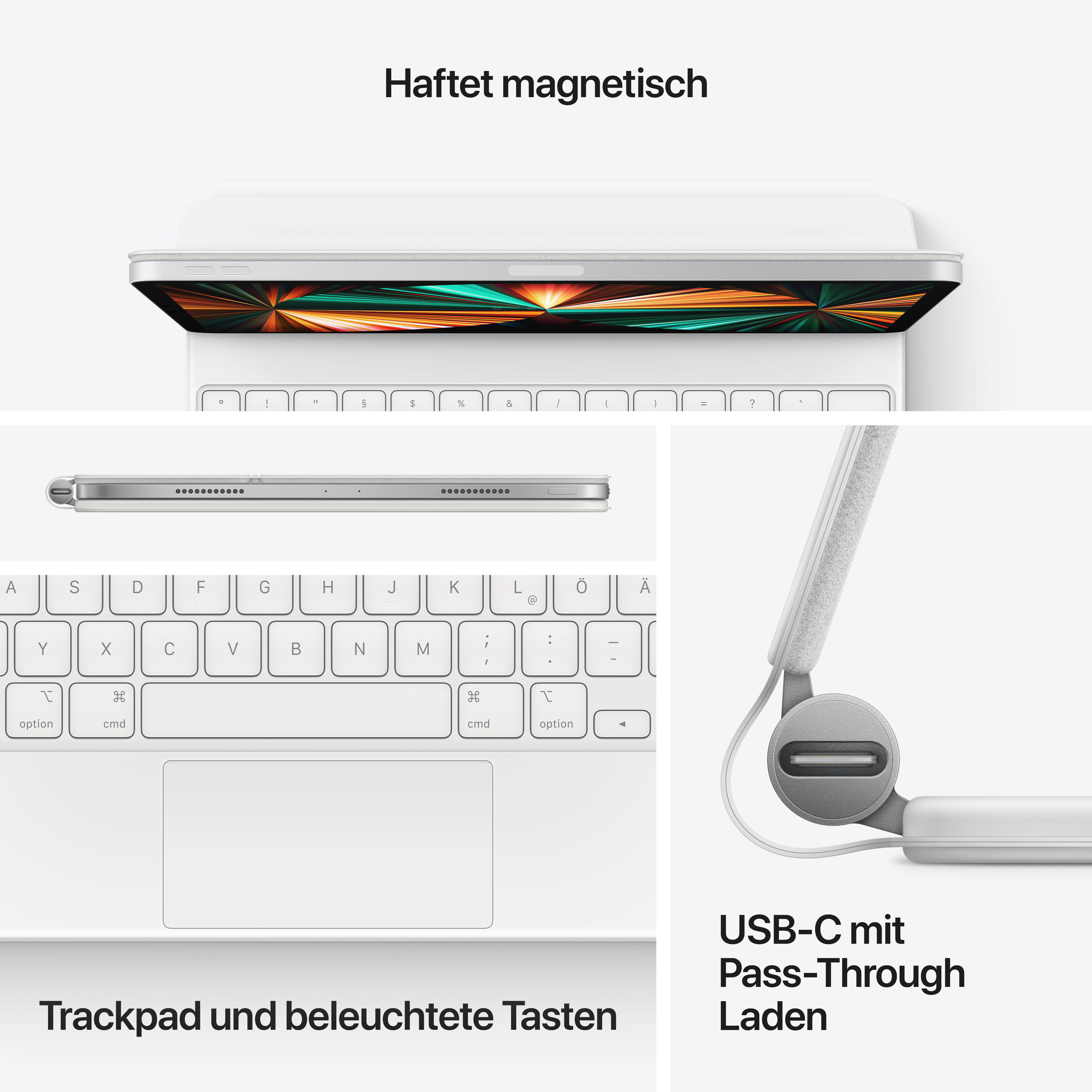 Nahaufnahme einer Tastatur, eines Trackpads und eines Ladeanschlusses.