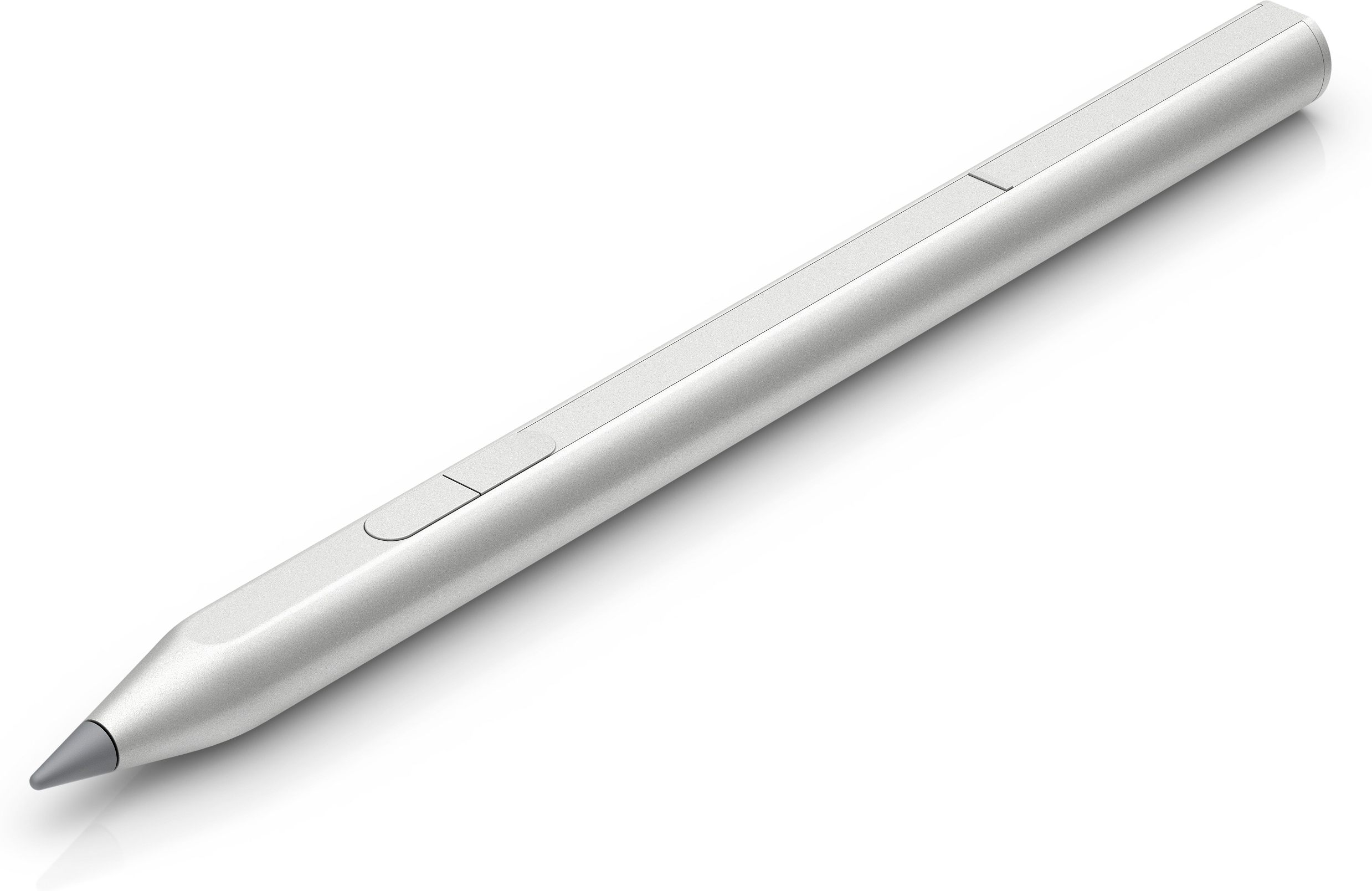 Silberner Stift mit zwei Knöpfen auf weißer Oberfläche.