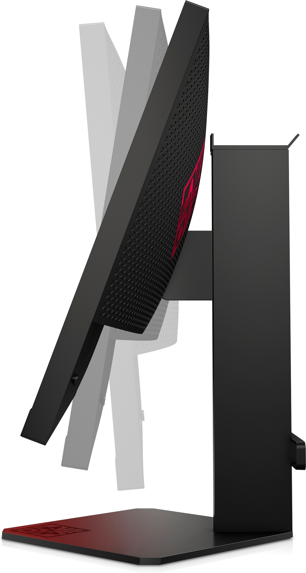 Écran de jeu, vue latérale. Noir, avec des accents rouges. Montre l'inclinaison réglable. Logo rouge à la base.