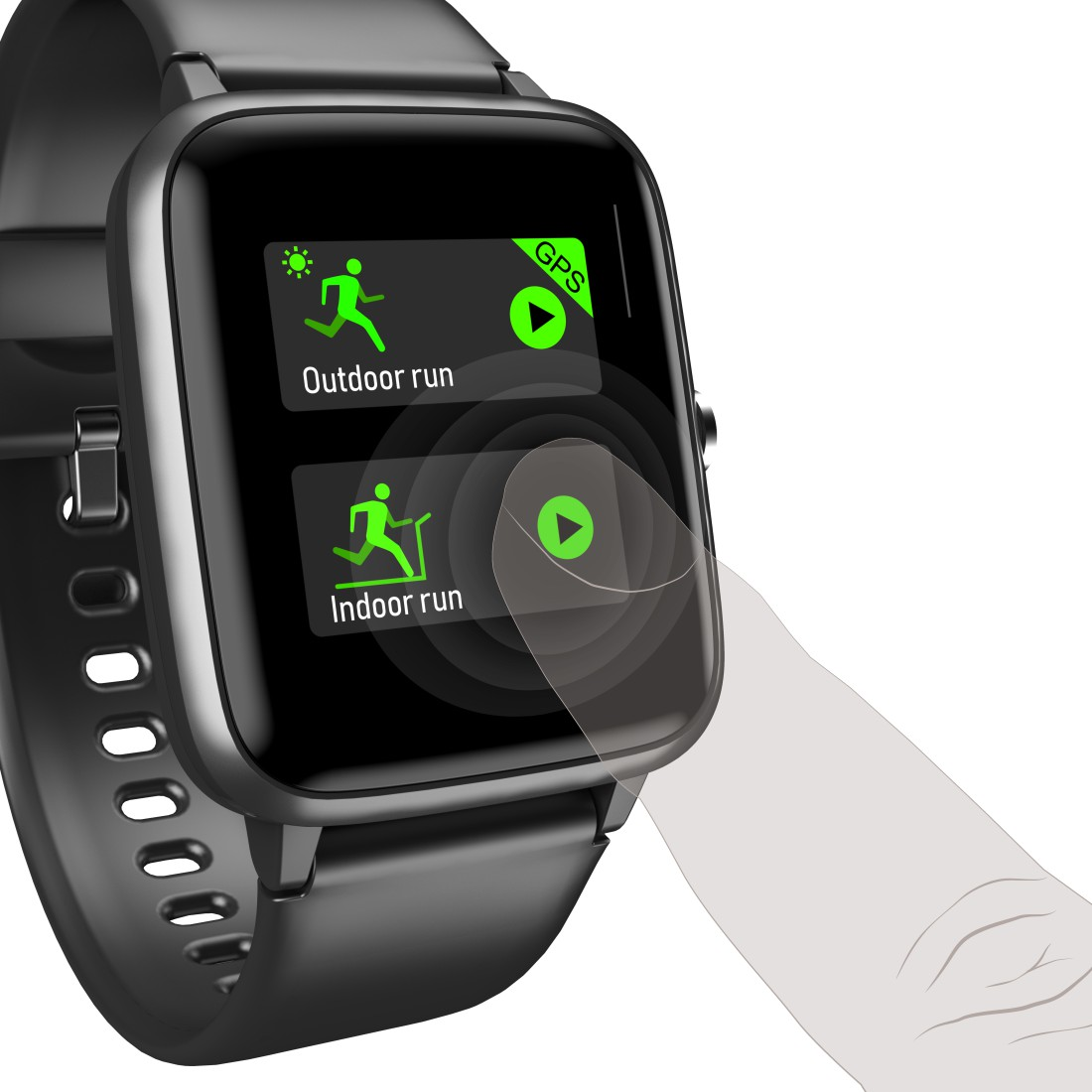 La montre intelligente affiche les options de course en extérieur et en intérieur, avec un doigt touchant l'écran.