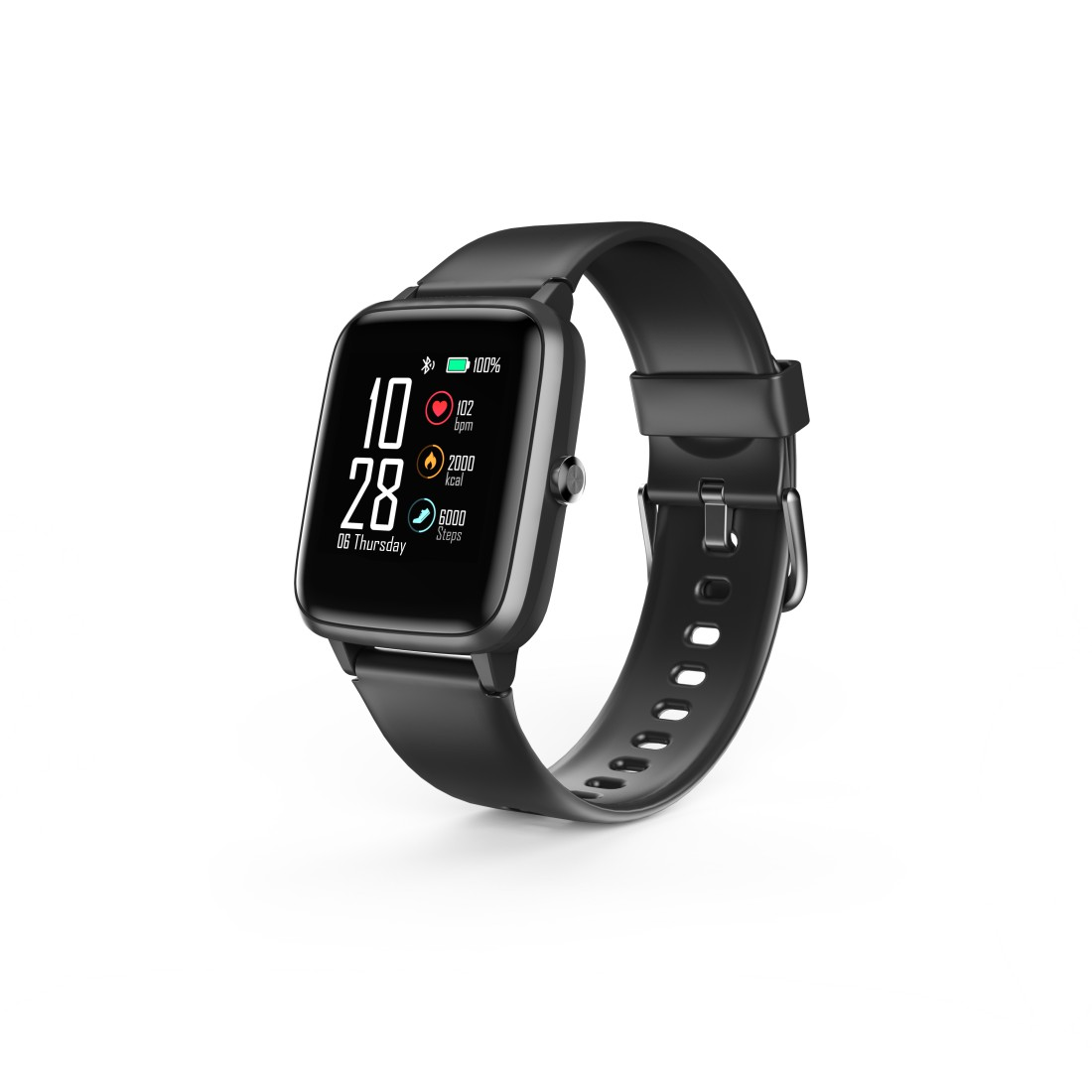 Montre connectée noire avec un écran carré, affichant l'heure, la batterie et d'autres données de sant é. Bracelet noir attaché.