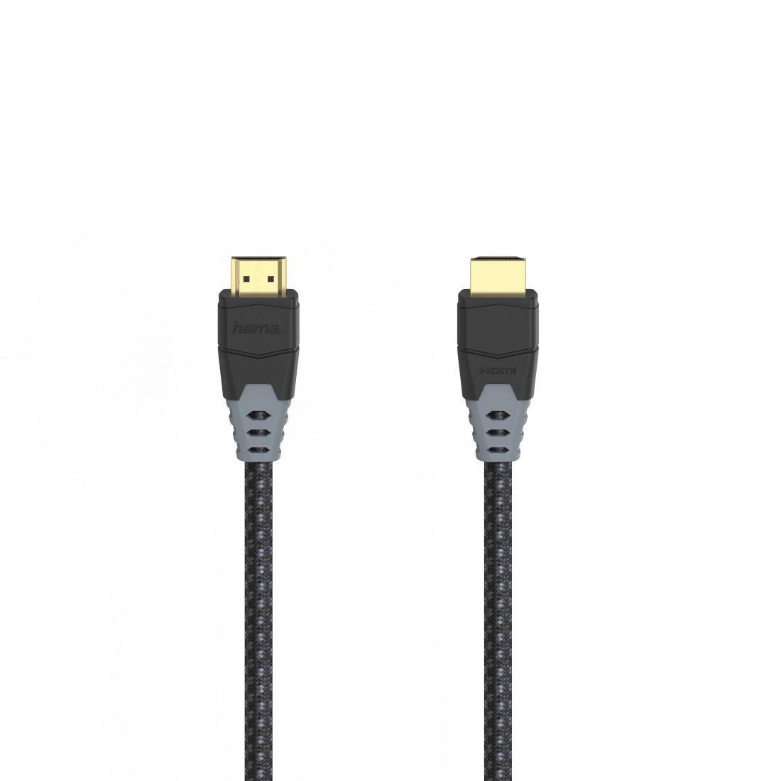 Zwei HDMI-Kabel mit schwarzen und grauen Anschlüssen auf weißem Hintergrund.