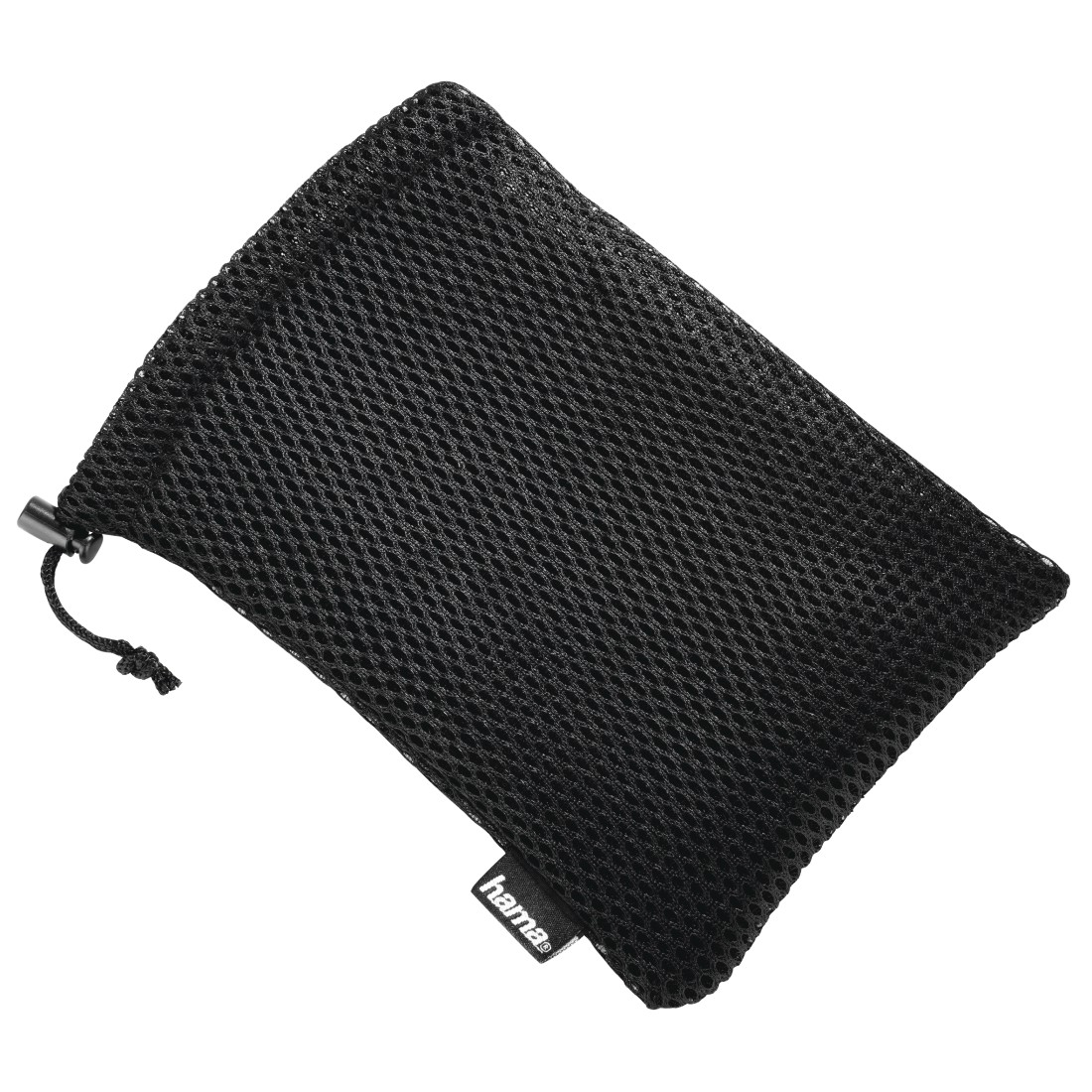 Schwarzer Mesh-Beutel mit Kordelzug und weißem "hama"-Etikett.