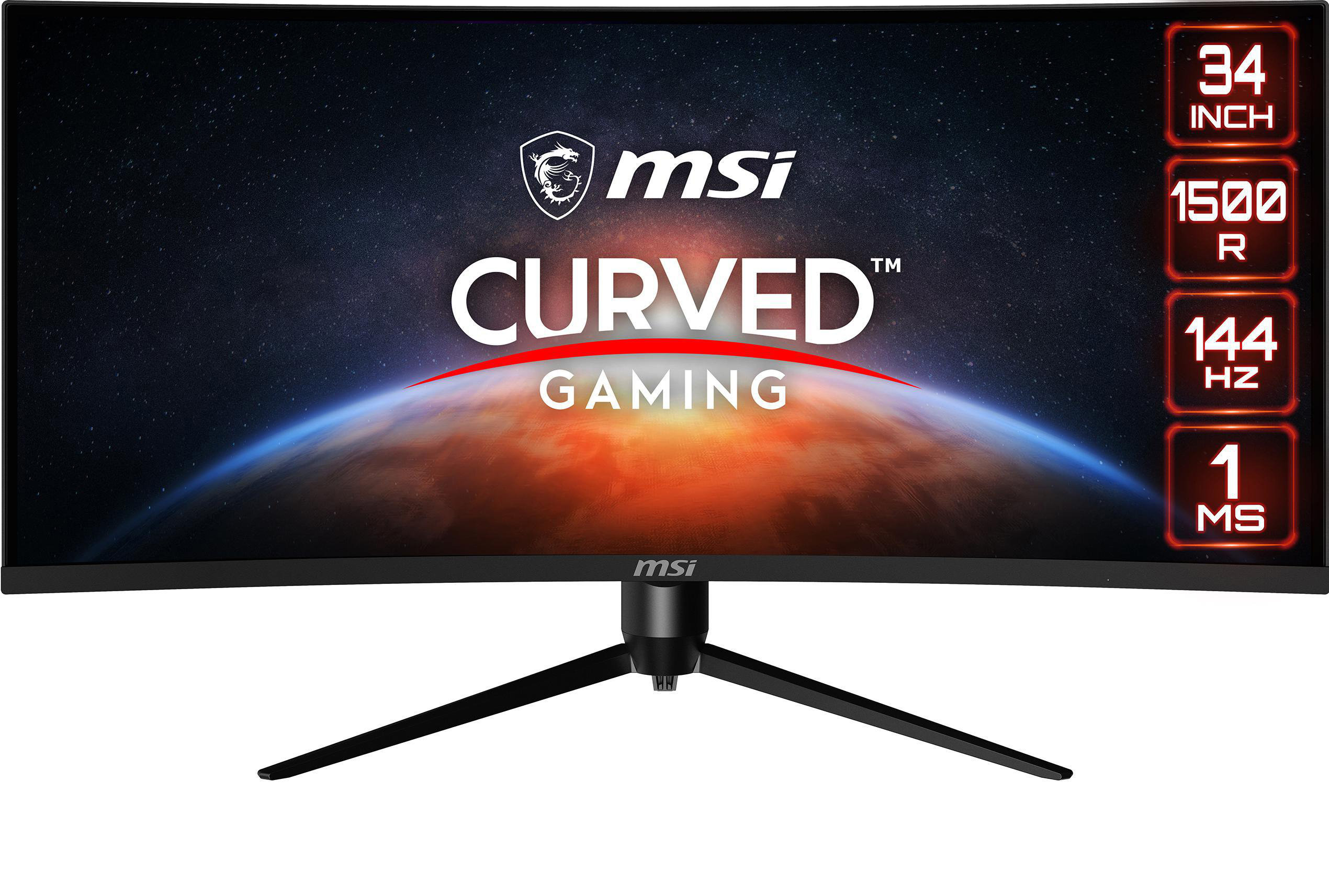 MSI Curved Gaming Monitor. Es zeigt den Produktnamen und wichtige Funktionen wie Größe und Bildwiederholfrequenz.