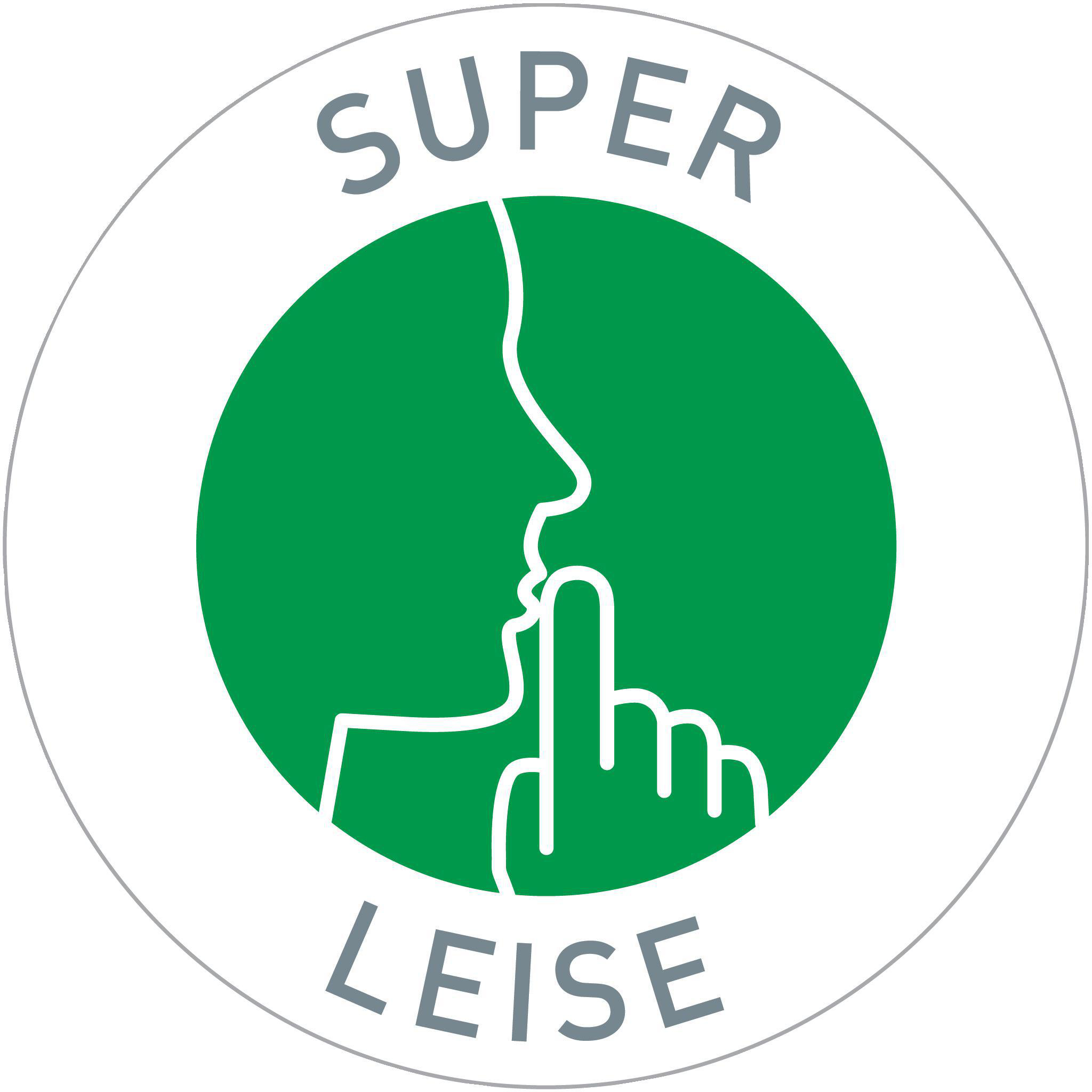 Grüner Kreis mit Profilsilhouette und Finger an den Lippen, mit 'SUPER LEISE'.
