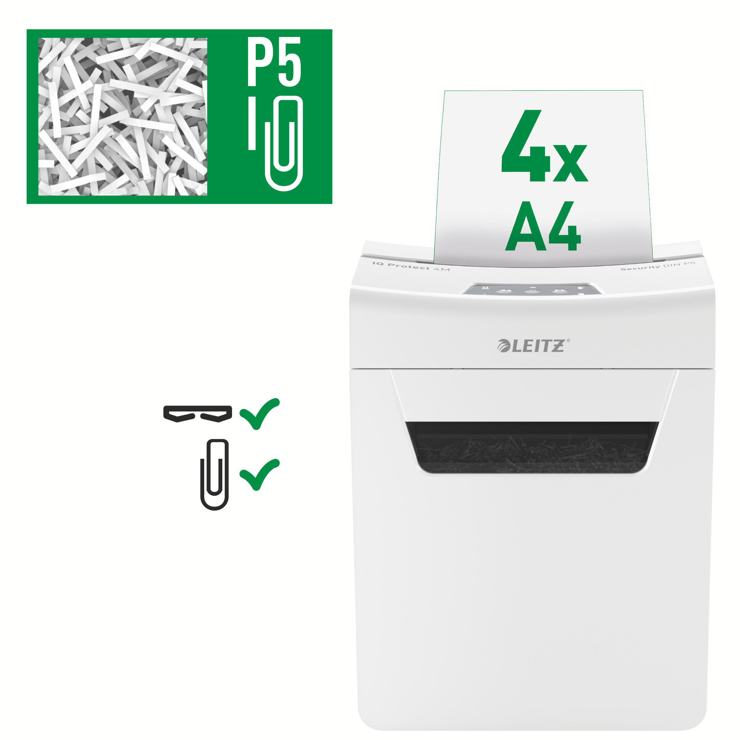 Weißer Aktenvernichter mit grünem Etikett, das 4x A4 Papierkapazität anzeigt.