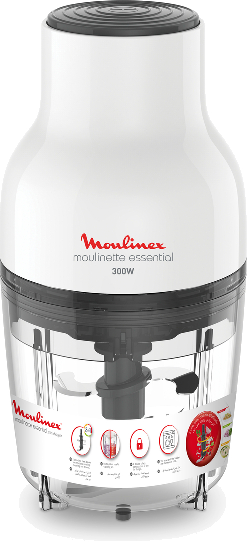 Robot culinaire blanc et transparent avec texte rouge sur le côté.