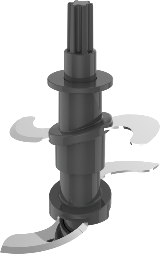 Accessoire de mixeur noir avec lames, isolé sur fond blanc.