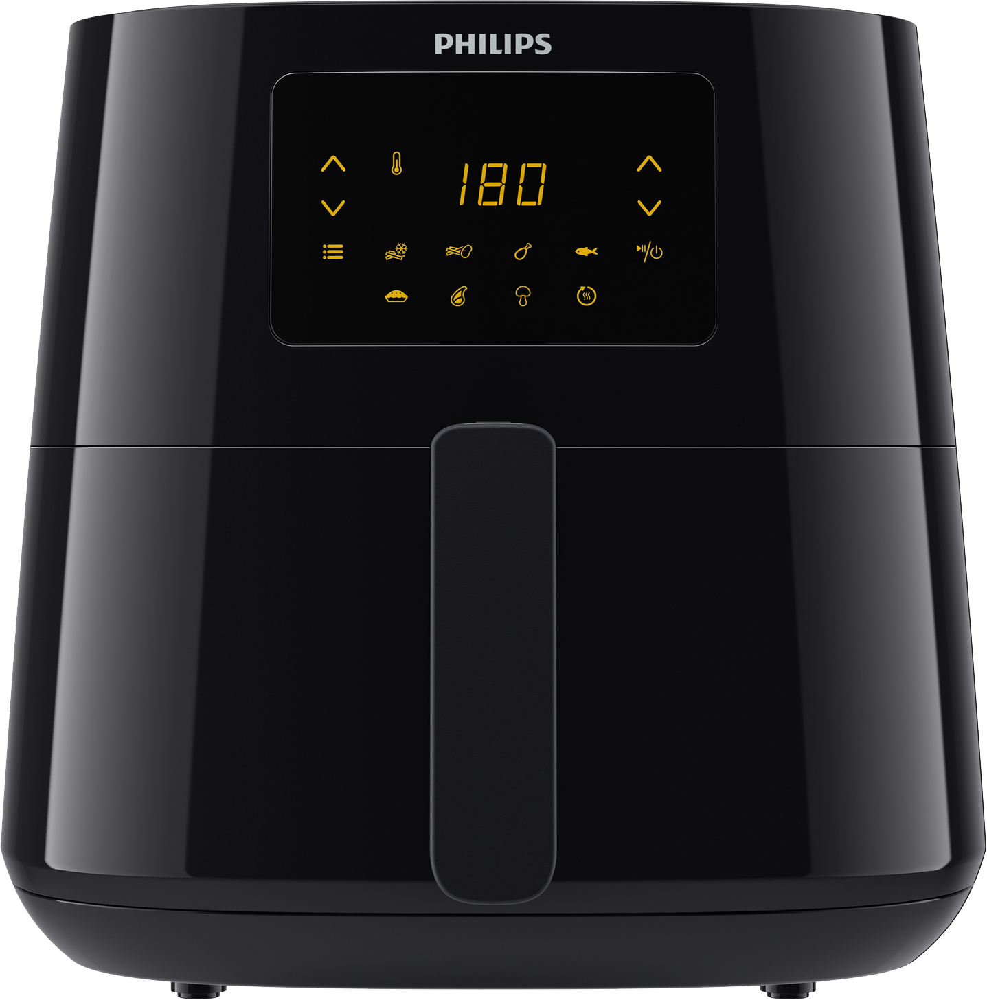 Zwarte Philips Airfryer met digitaal display. Het display toont de temperatuur. De handgreep is zwart.