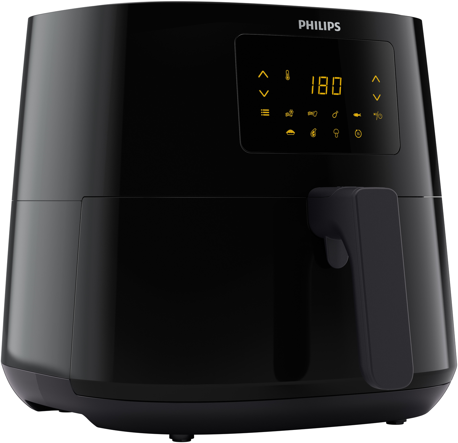 Zwarte Philips airfryer met digitaal display met de temperatuur. Handvat aan de zijkant.