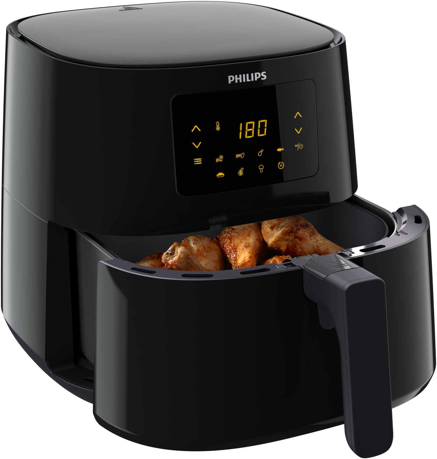 Zwarte Philips airfryer met voedsel erin, digitaal display toont 180 graden.