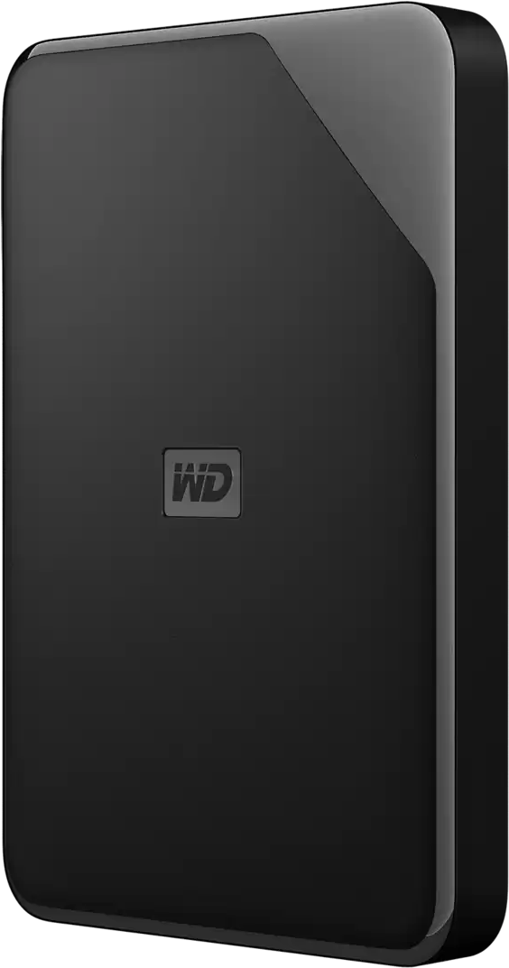 Eine schwarze externe Festplatte von WD mit dem WD-Logo darauf.