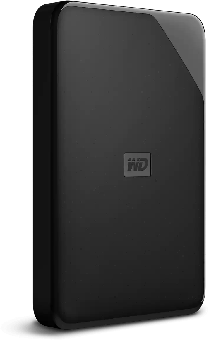Schwarze externe Festplatte, glänzend, mit dem WD-Logo in der Mitte. Vertikale Ausrichtung.