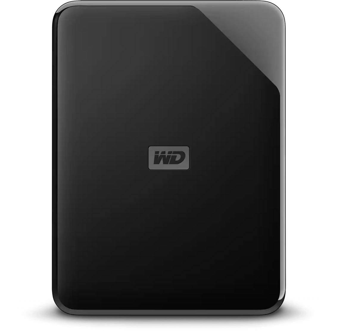 Schwarze, glänzende WD externe Festplatte mit WD-Logo auf schwarzem Hintergrund.